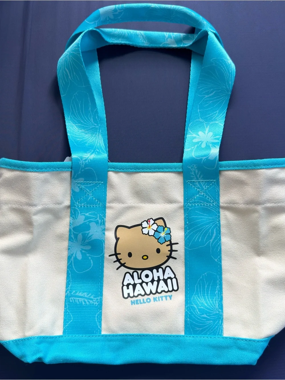 Hello Kitty Aloha Hawaii Canvas Tote in Cream and Turquoise